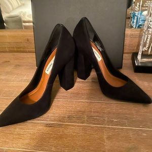 Suede black pointed toe block heels